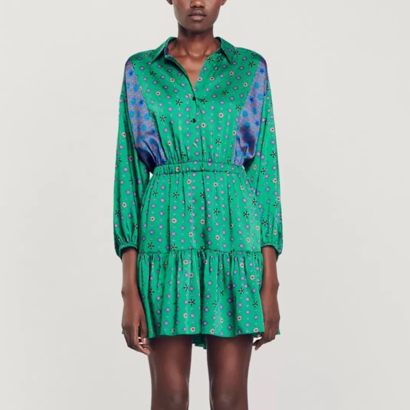 Sandro Edena Mixed Print Satin Shirtdress Mini Dress Size 38 NWT Retail $415 - Picture 3 of 14